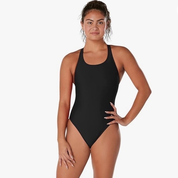 Speedo Black Scoop Back One Piece Swimsuit - Picture 1 of 5